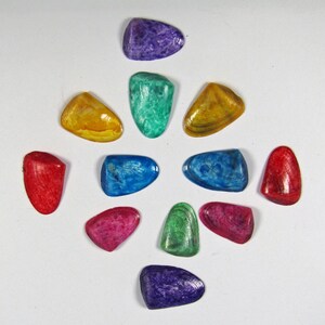 May include: A collection of small, iridescent seashells in various colors, including red, blue, green, purple, and yellow. The shells are arranged on a blue surface with a ruler for scale.