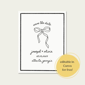 Simple Wedding Bow Elegant Canva Template with Hand-drawn Illustration Bridal Tied Bow | Timeless Save The Date Template Downloadable Design