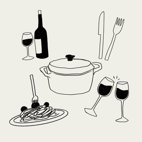 Dinner Party Illustration Set - Digital herunterladbare Dinner Icon Illustrationen, Pasta Illustration, Wein Illustration, für Dinner Parties