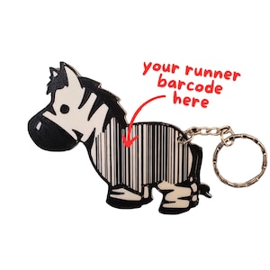 May include: A black and white zebra-shaped keyring with a barcode design on its body. The keyring has a silver-coloured chain and ring. Red text says "your runner barcode here".