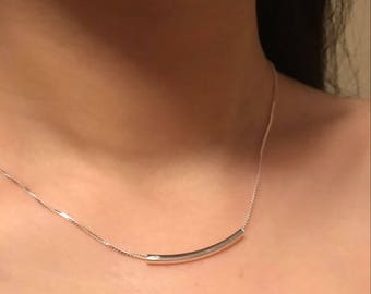 Dainty Curved Balance Bar Tube Necklace Sterling Silver