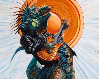 Iguana Rock- Humorous Painting of a Guitar Playing Iguana