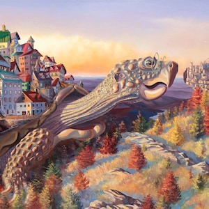 May include: A large, brown turtle with a city built on its back is walking towards a rocky cliff. The turtle is wearing glasses and has a surprised expression on its face. The city is made up of colorful buildings and houses. The background is a sunset sky with clouds.