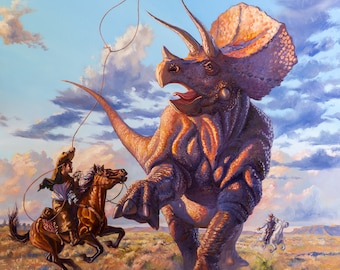 Longhorn- Cowboy Lassoing Triceratops Humorous Painting