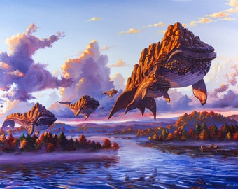 Airpod at Daybreak- Humorous Painting of Floating Whales