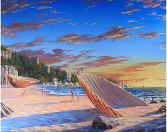 Conchas de Cranberry Bay Arte de Stephen Wheeler. Impresión firmada de edición limitada. Paisaje marino con conchas al atardecer.