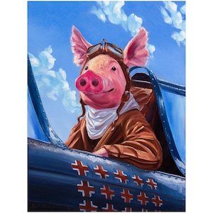 Stampa di maiale volante di Stephen Wheeler. Stampa d'arte firmata in edizione limitata. Maiale come pilota di caccia/aviatore della Seconda Guerra Mondiale. immagine 1