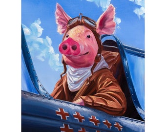 Impresión de cerdo volador de Stephen Wheeler. Impresión artística firmada de edición limitada. Pig como piloto de combate/aviador de la Segunda Guerra Mundial.