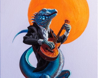 Iguana Blues No. 1- Iguana tocando una guitarra impresa