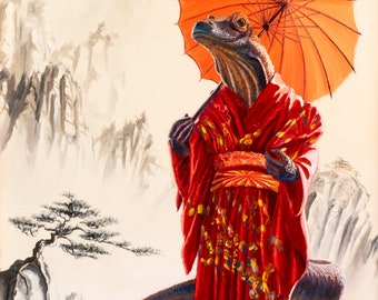 Kimono Dragon: Humorous Painting of Kimodo Dragon