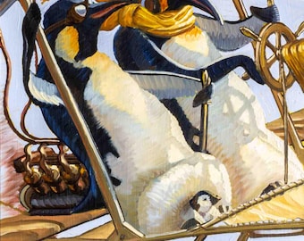 Flightless Birds- Humorous Painting of Penguins Flying a Plane