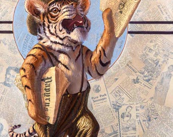Paper Tiger- Humorous Painting of a tiger selling newspapers