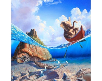 Remando por las islas: pintura de elefantes, barcos y tortugas marinas. Impresión firmada de edición limitada. Arte de Stephen Wheeler. Viajes, océano, aventura.