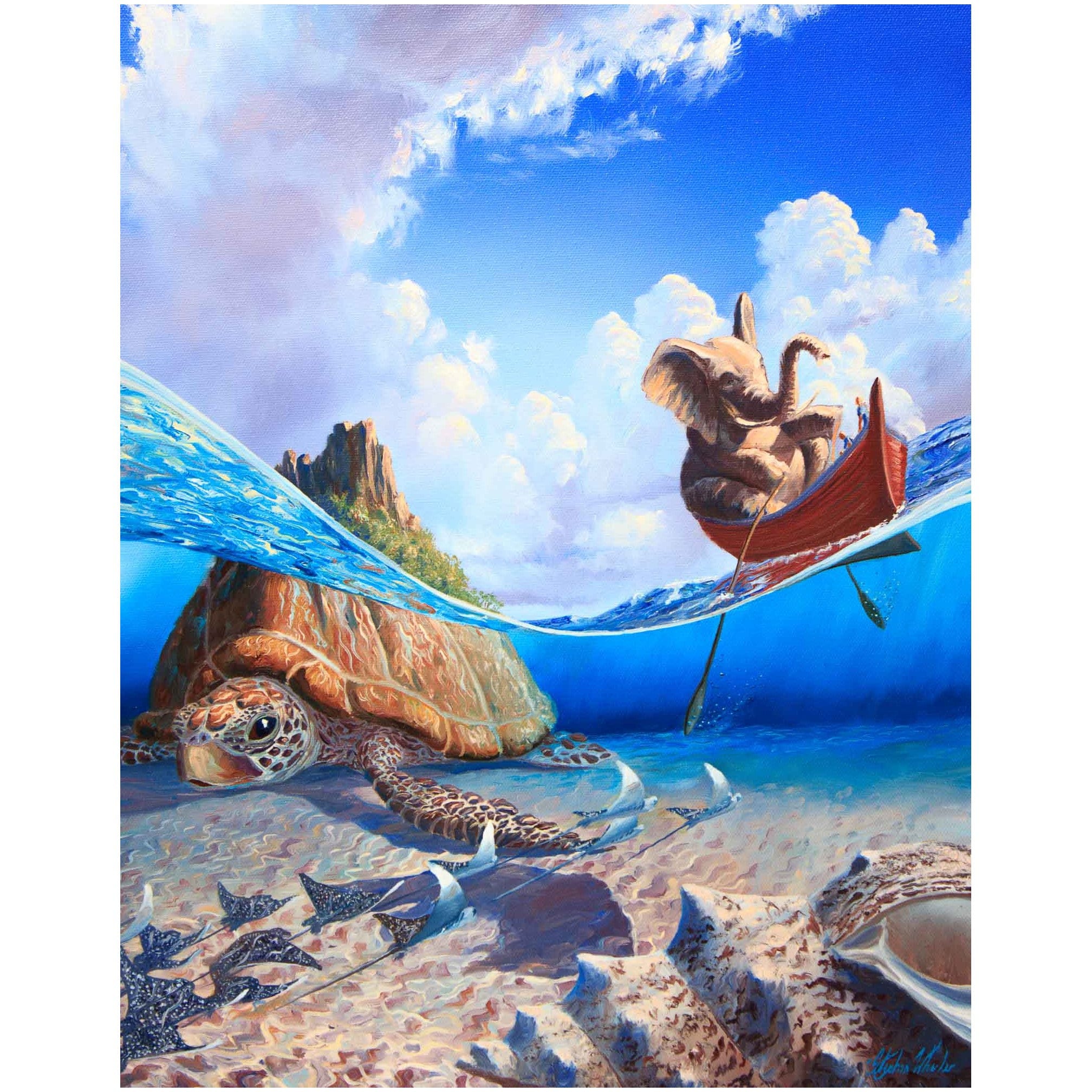 Rowing the Isles: Elephant, Boat and Sea Turtle Painting. Signed, Limited Edition Print. Art by Stephen Wheeler. Travel, ocean, adventure.