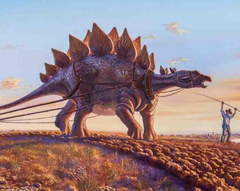 Jurassic Farm- Humorous Painting of a dinosaur on a farm