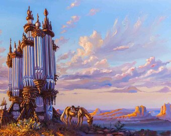 Wasteland Fantasia- Whimsical Painting of a pipe organ in the desert