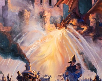 Fire Fight- Painting of fire breathing dragon and firefighter