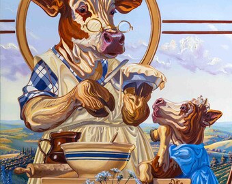 Cow Pies- Humorous painting of a cow baking pies