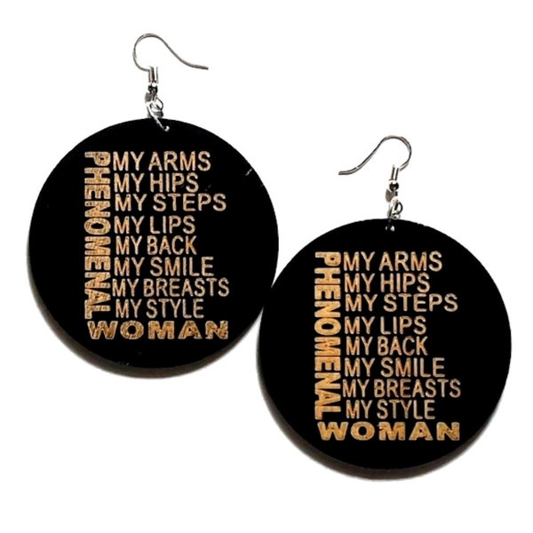 PHENOMENAL WOMAN Statement Dangle Engraved Wood Earrings