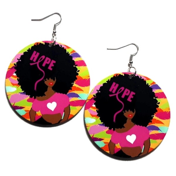 HOPE Pink Ribbon Cancer Awareness Statement Dangle Wood Earrings