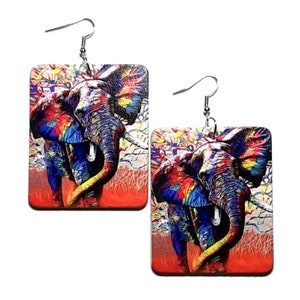 Spirit Animal ELEPHANT In Colors Rectangle Statement Dangle Wood Earrings