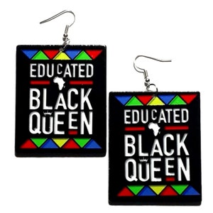 Educated Black Queen in Colors Rectangle Statement Dangle Wood Earrings