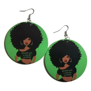 BOUGIE HOOD Afro Green Black Statement Dangle Wood Earrings