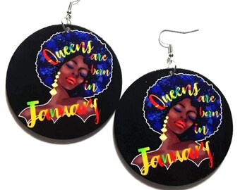 Black Queens are Born in JANUARY Statement Dangle Wood Zodiac Earrings
