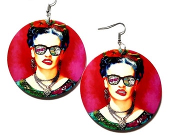 Frida Kahlo The Pop Artist Red Statement Dangle Wood Earrings