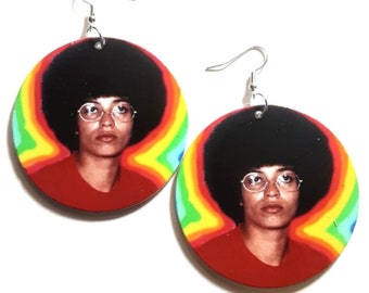 Angela Davis Afro in Colors Statement Wood Dangle Drop Earrings