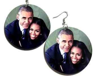 The Obamas SMILE Barack and Michelle Statement Dangle Wood Earrings