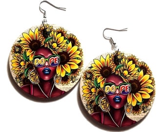 Sunflower Afro Dope Statement Wood Dangle Drop Earrings