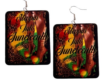 Steppin Into Juneteenth Red Gold Green Leopard Rectangle Statement Dangle Wood Earrings