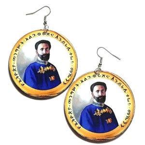 His Imperial Majesty King Haile Selassie Statement Dangle Drop Wood Earrings