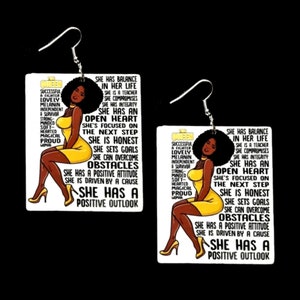 This Queen has a Positive Outlook Rectangle Statement Dangle Wood Earrings