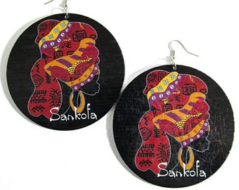 Sankofa Headwrap Queen Statement Dangle Wood Earrings