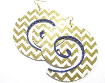 Gold White Chevron Swirl Handmade Statement Dangle Wood Earrings