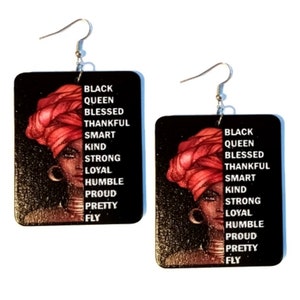 Black Queen Loyal Humble Fly Rectangle Statement Dangle Wood Earrings