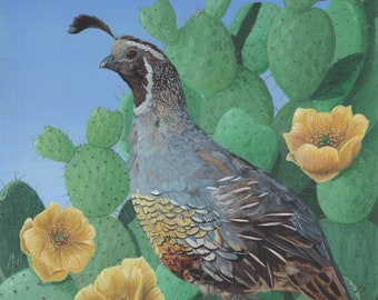 Dreaming of the Desert Reproduction, Quail on Prickly Pear Fine Art Print