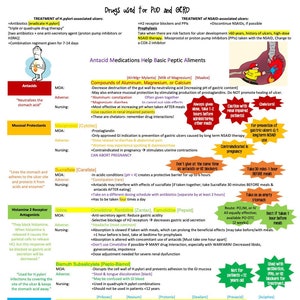 May include: A colorful chart with a diagram of a stomach and a list of medications used to treat peptic ulcers and gastroesophageal reflux disease (GERD). The chart includes information on the mechanism of action, adverse effects, and nursing considerations for each medication.