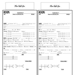 May include: A printable medical assessment form with sections for neuro, CV, RESP, GU, GITS, and social/family. The form includes fields for recording patient information, vital signs, and other relevant medical data.