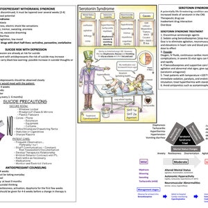 May include: A medical chart explaining the symptoms, treatment, and risks associated with serotonin syndrome. The chart includes a diagram of a person experiencing serotonin syndrome, with symptoms like muscle rigidity, hyperthermia, and agitation. The chart also includes a table outlining the severity of symptoms and the corresponding treatment options.