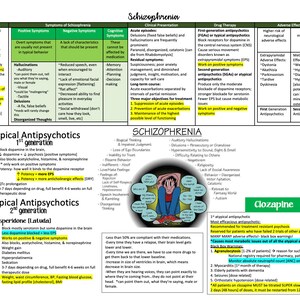 May include: A colorful chart explaining the symptoms, treatment, and adverse effects of schizophrenia. The chart includes information about typical and atypical antipsychotics, including clozapine, risperidone, and latuda.