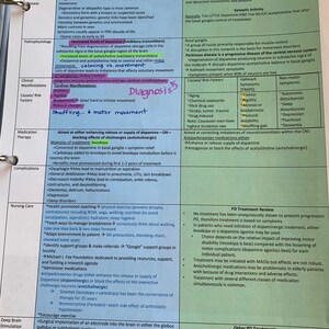 May include: A medical chart outlining the causes, symptoms, diagnosis, treatment, and complications of Parkinson's disease. The chart includes information on the role of dopamine and acetylcholine in the disease, as well as the use of medications and deep brain stimulation.