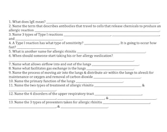 Ventilation Quiz with Answers/Ventilation/Asthma/COPD/TB/Pneumonia/Nursing School/ Nursing Study Guide/Nursing Student