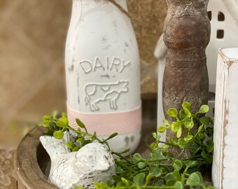 Distressed hand-painted farmhouse glass milk jar country kitchen tier tray and riser coffee bar cow jar