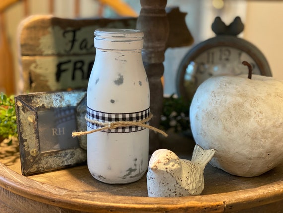 Distressed hand-painted farmhouse glass milk jar country kitchen tier tray and riser coffee bar