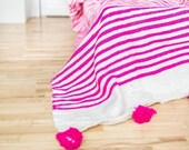 Moroccan Wool Pompom Blanket, Pom Poms, Boho Blanket, Bed Cover Ivory White and Pink Stripes