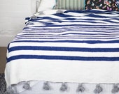 Moroccan Pompom Blanket,Moroccan Blanket,Moroccan Throw Blanket, Pom Poms, Boho Blanket,Bed Cover White and Blue Stripes with Gray Pompom