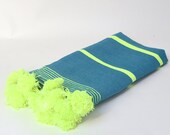 Moroccan Cotton Pompom Blanket, Pom Poms, Boho Blanket, Bed Cover with Turquoize and Lime Stripes
